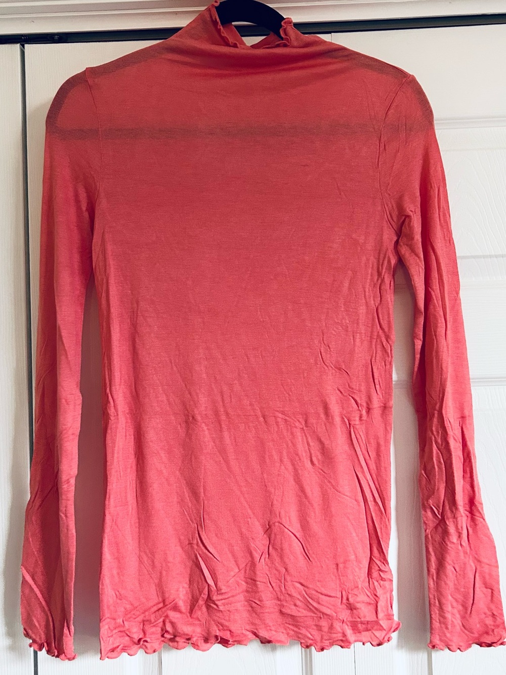 NEW Zenana RT-8062BA Coral Mock Neck Lettuce Hem Ruched Long Sleeve Top size Med - Picture 6 of 6